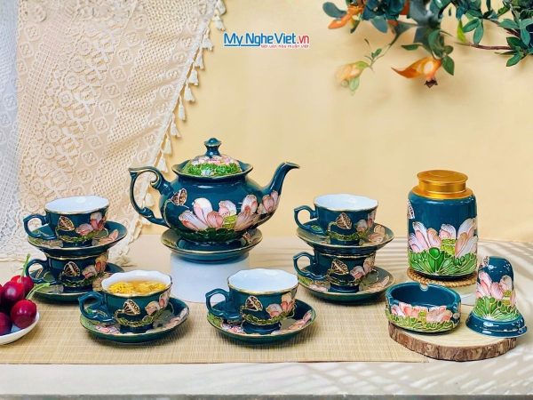 Bộ Bình Trà Queen Ngọc Lục Liên Hồng Vẽ Vàng Kim Đắp Nổi