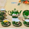 Bộ Bình Trà Queen Xanh Ngọc Vẽ Vàng Kim Họa Tiết Hoa Đắp Nổi