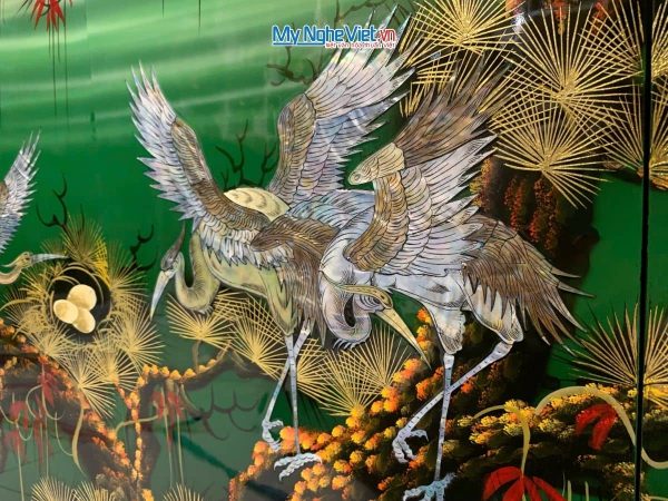 Bộ tranh sơn mài cẩn ốc tùng cò lá xanh