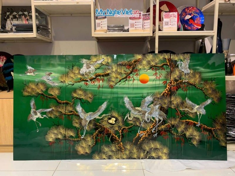 Bộ tranh sơn mài cẩn ốc tùng cò lá xanh