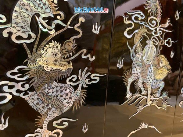 Bộ Tranh Sơn Mài Long Lân Quy Phụng Cẩn Chìm Nền Đen
