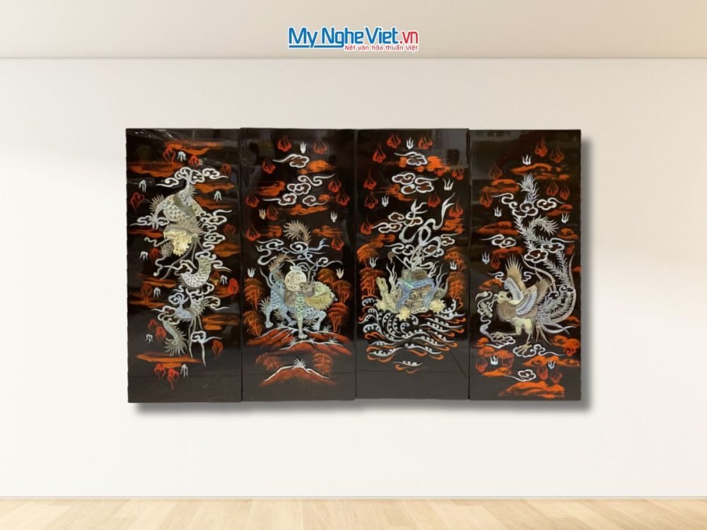 Bộ Tranh Sơn Mài Long Lân Quy Phụng Cẩn Chìm Nền Ấm