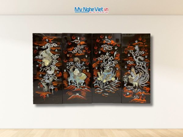 Bộ Tranh Sơn Mài Long Lân Quy Phụng Cẩn Chìm Nền Ấm