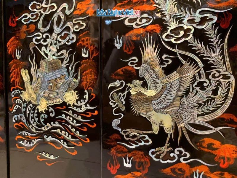 Bộ Tranh Sơn Mài Long Lân Quy Phụng Cẩn Chìm Nền Ấm