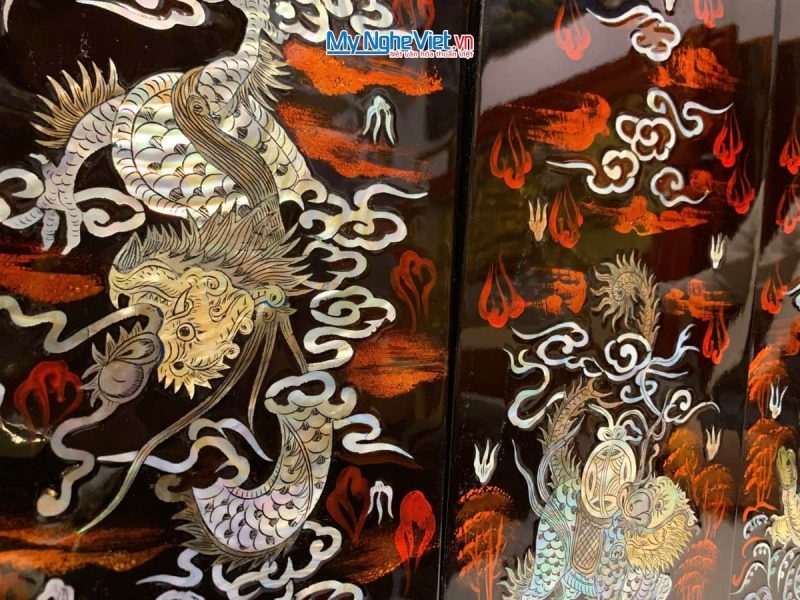 Bộ Tranh Sơn Mài Long Lân Quy Phụng Cẩn Chìm Nền Ấm