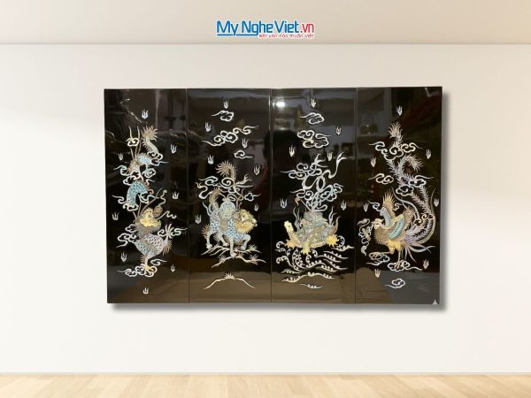 Bộ Tranh Sơn Mài Long Lân Quy Phụng Cẩn Chìm Nền Đen
