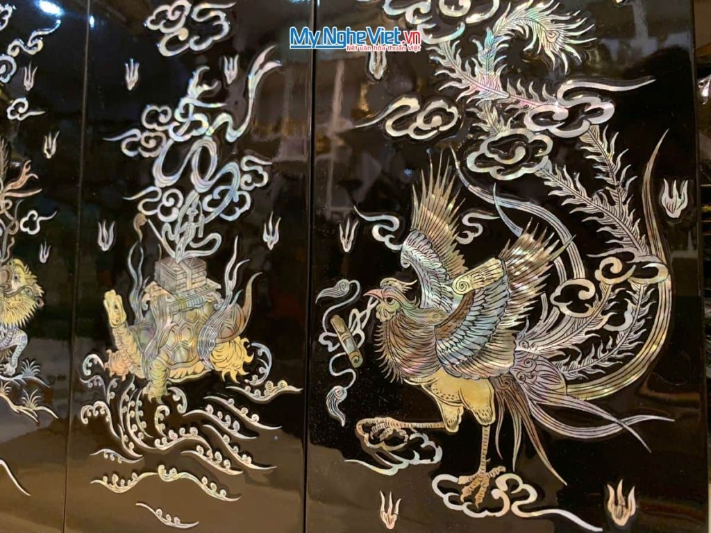 Bộ Tranh Sơn Mài Long Lân Quy Phụng Cẩn Chìm Nền Đen