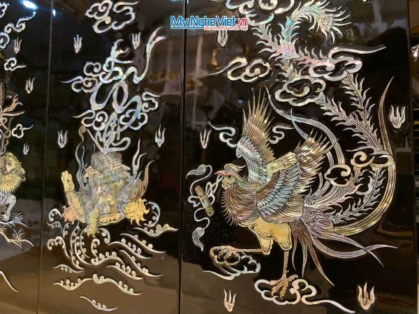 Bộ Tranh Sơn Mài Long Lân Quy Phụng Cẩn Chìm Nền Đen