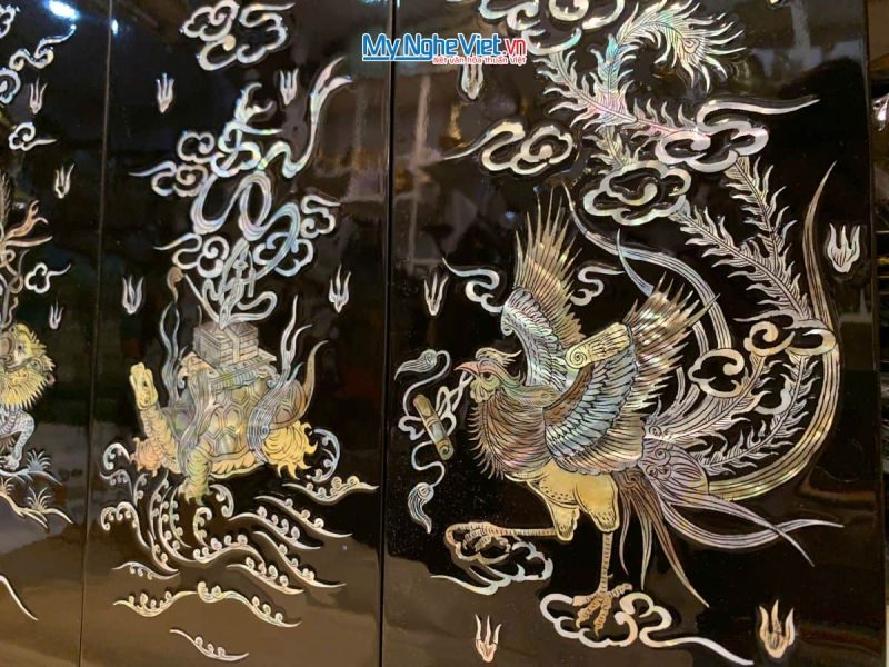 Bộ Tranh Sơn Mài Long Lân Quy Phụng Cẩn Chìm Nền Đen