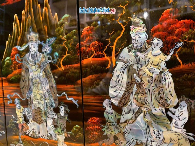 Bộ Tranh Sơn Mài Phúc Lộc Thọ Cẩn Chìm Nền Đỏ