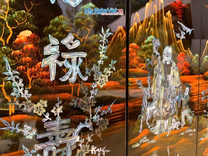 Bộ Tranh Sơn Mài Phúc Lộc Thọ Cẩn Chìm Nền Đỏ