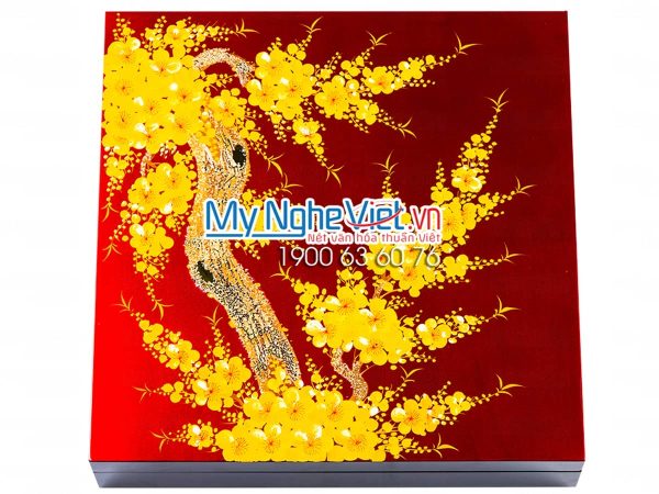 Hộp Mứt Tết Sơn Mài Mai Vàng Nền Đỏ Đô