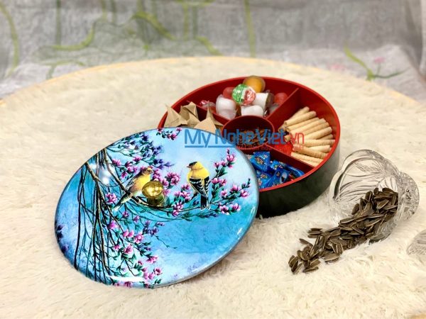 Hộp Mứt Tết Sơn Mài 5 Ngăn Chim Sơn Ca Hoa Đào Tím