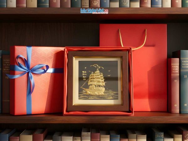 Tranh thuyền buồm dát vàng 24k nền đen để bàn và Hộp xilot đỏ - MNVHD04.10.1