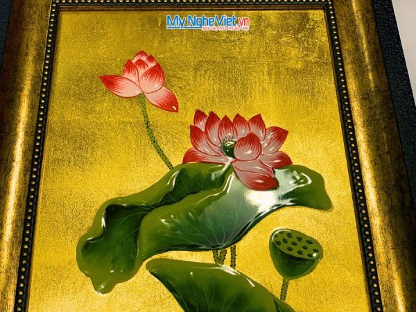 Tranh Sơn Mài Hoa Sen Vàng Đắp Nổi