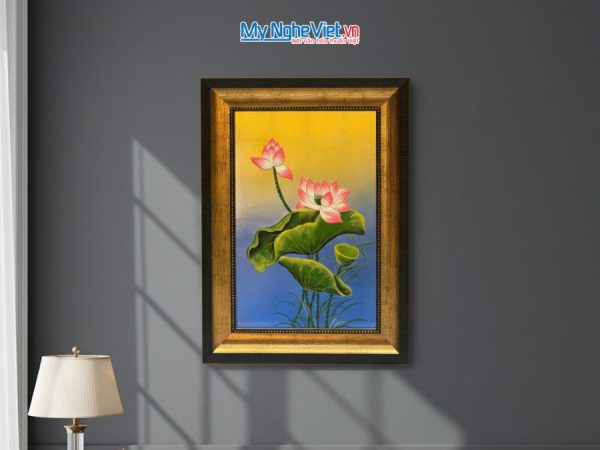 Tranh Sơn Mài Hoa Sen Nền Xanh Đắp Nổi