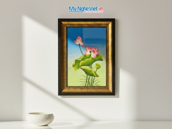 Tranh Sơn Mài Hoa Sen Nền Xanh Đắp Nổi