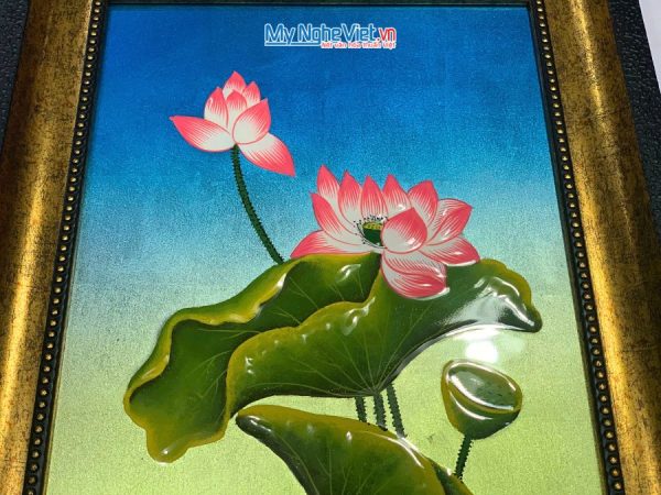 Tranh Sơn Mài Hoa Sen Nền Xanh Đắp Nổi