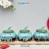 Bộ ba hủ mứt gốm Bát Tràng màu xanh dương và khay đế gỗ