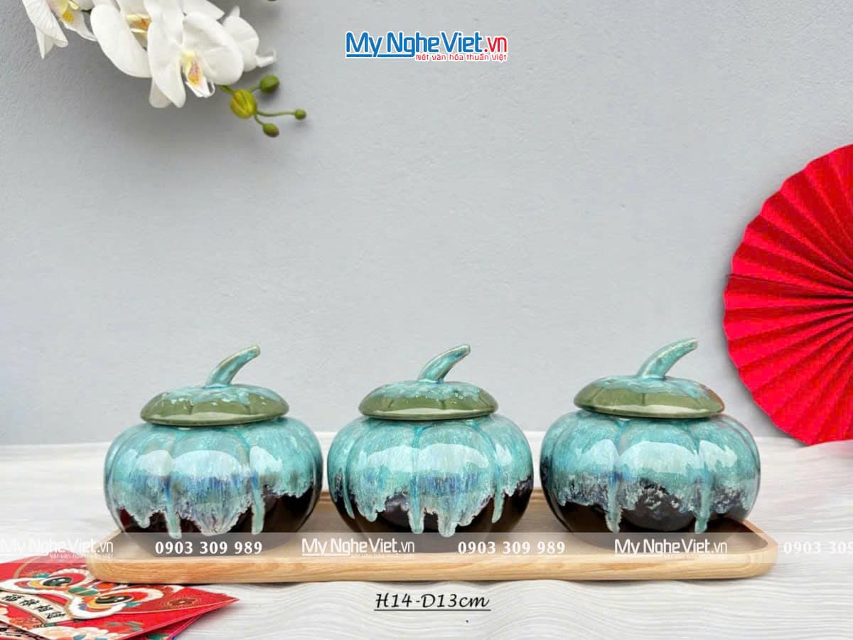 Bộ ba hủ mứt gốm Bát Tràng màu xanh dương và khay đế gỗ