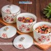 Bộ ba hủ mứt gốm Bát Tràng họa tiết hoa đào và khay đế gỗ