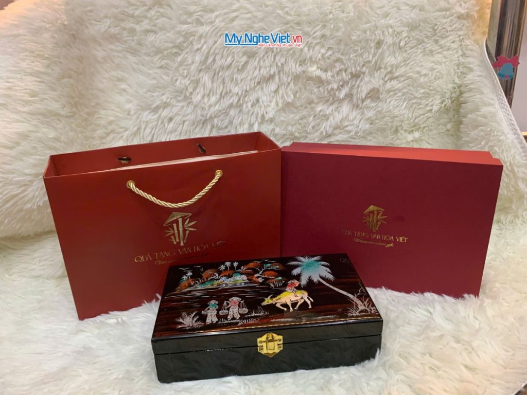 Hộp trang sức sơn mài đồng quê cẩn ốc mục đồng thổi sáo và hộp quà tặng cao cấp