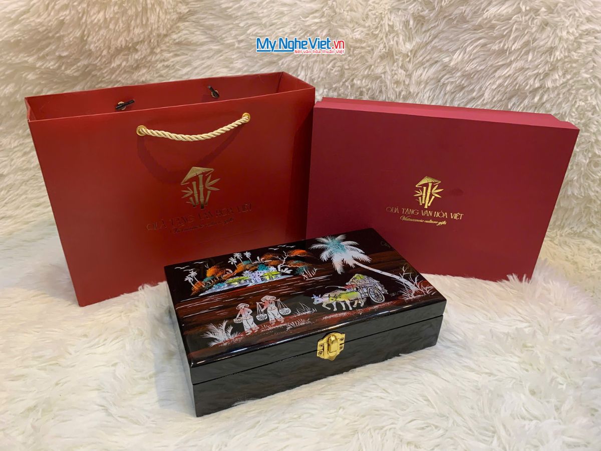 Hộp trang sức sơn mài đồng quê cẩn ốc chở rơm và hộp quà tặng cao cấp