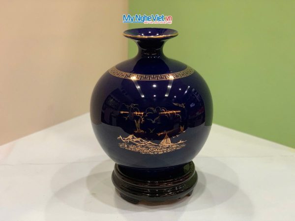 Lọ thu Tài hút Lộc Gốm Bát Tràng Màu Xanh Coban Và Đế Gỗ