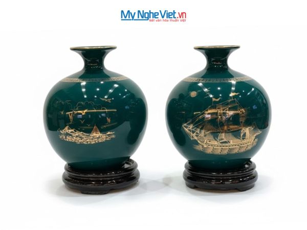 Lọ thu Tài hút Lộc Gốm Bát Tràng Màu Xanh Bộ Đội Và Đế Gỗ