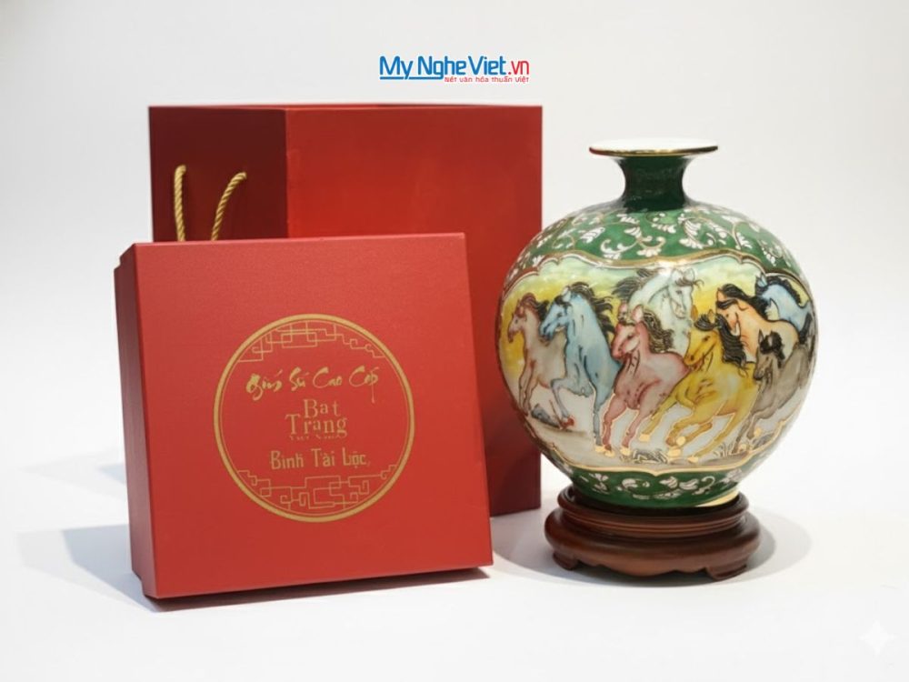 Bình thu tài hút lộc gốm Bát Tràng vẽ mã đáo thành công đắp nổi - Quà tặng cao cấp
