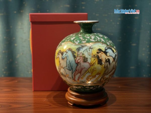 Bình thu tài hút lộc gốm Bát Tràng vẽ mã đáo thành công đắp nổi - Quà tặng cao cấp