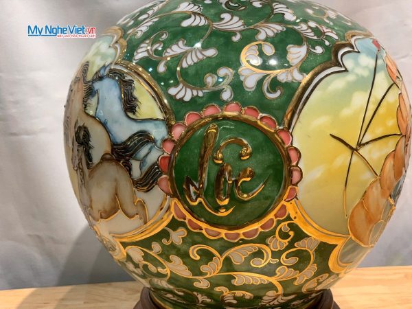 Bình thu tài hút lộc gốm Bát Tràng vẽ mã đáo thành công đắp nổi - Quà tặng cao cấp