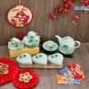 Bộ Bình Trà Và Khay Mứt Tết Hình Tym 3 Ngăn Gốm Bát Tràng Men Xanh