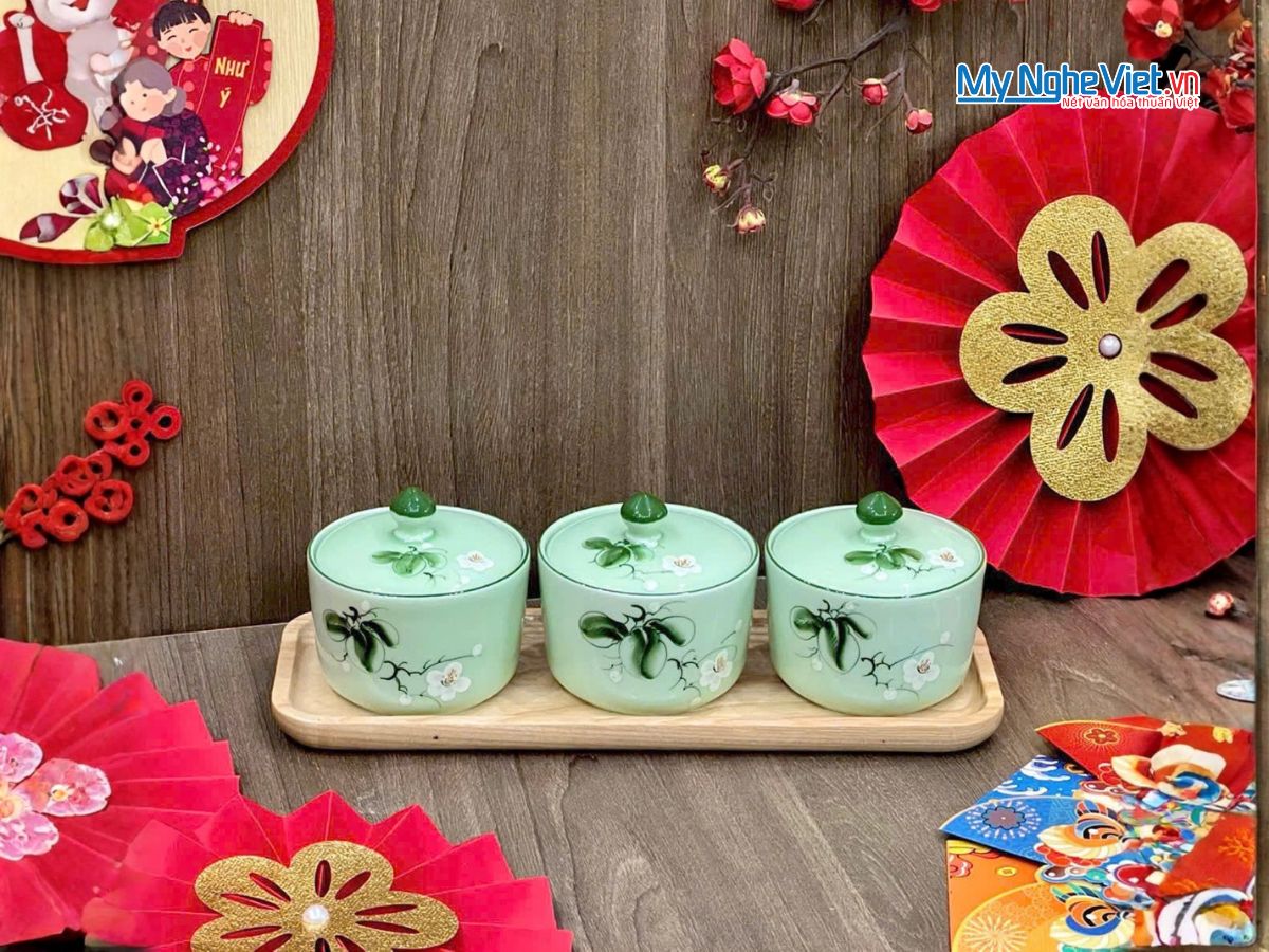 Bộ 3 Hũ Mứt Tết Gốm Bát Tràng Men Xanh