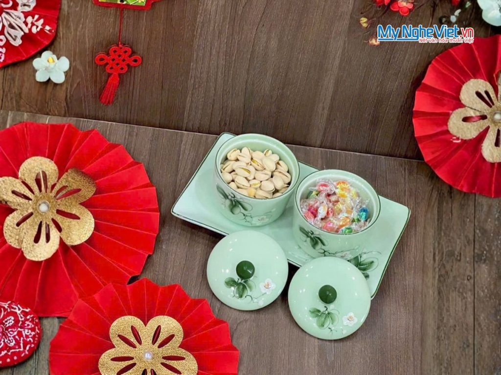 Bộ 2 Hũ Mứt Tết Khay Gốm Men Xanh