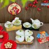 Bộ Bình Trà Và Khay Mứt Tết 4 Ngăn Gốm Bát Tràng Vẽ Hoa Sen Vàng