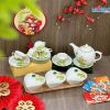 Bộ Bình Trà Và Khay Mứt Tết 3 Ngăn Gốm Bát Tràng Vẽ Hoa Sen Vàng
