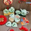Bộ Bình Trà Và Khay Mứt Tết Hình Tym 4 Ngăn Gốm Bát Tràng Men Xanh