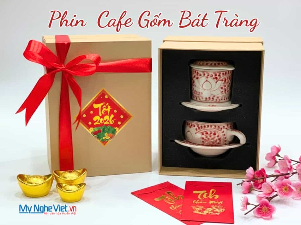 Bộ quà tặng phin cà phê gốm thấp vẽ sen đỏ và hộp quà tặng cao cấp