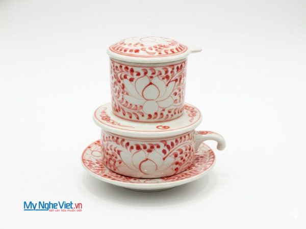 Phin cà phê gốm thấp vẽ sen đỏ