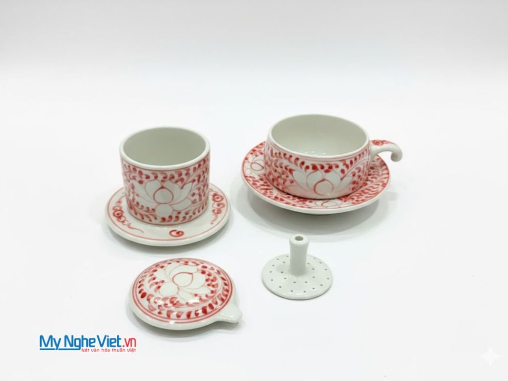 Phin cà phê gốm thấp vẽ sen đỏ