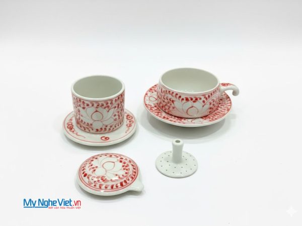 Phin cà phê gốm thấp vẽ sen đỏ
