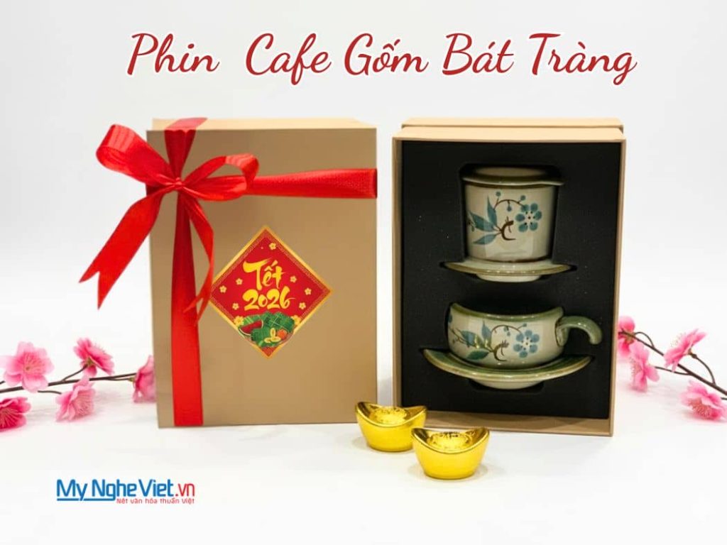 Bộ Quà Tặng Phin Cà Phê Gốm Vẽ Đào Xanh Thấp và Hộp Quà Tặng Cao Cấp