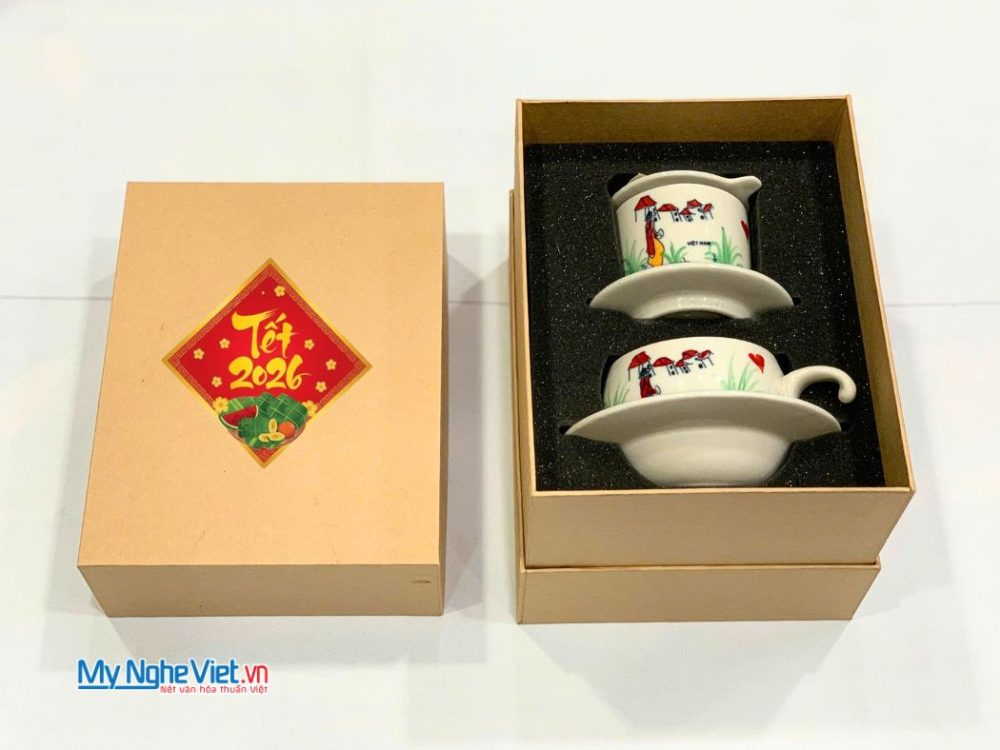 Bộ quà tặng phin cà phê thấp vẽ 1 cô gái và hộp quà tặng cao cấp