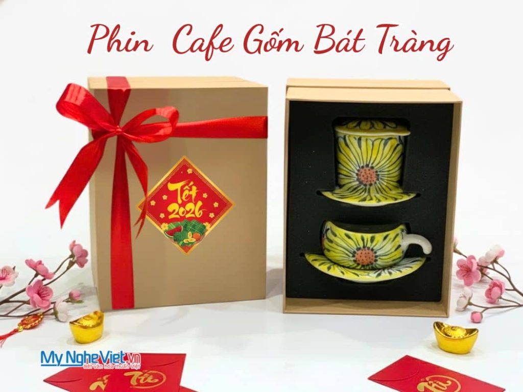 Bộ quà tặng phin cà phê gốm thấp vẽ hoa hướng dương và hộp quà tặng cao cấp
