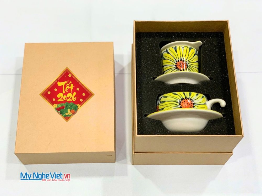 Bộ quà tặng phin cà phê gốm thấp vẽ hoa hướng dương và hộp quà tặng cao cấp
