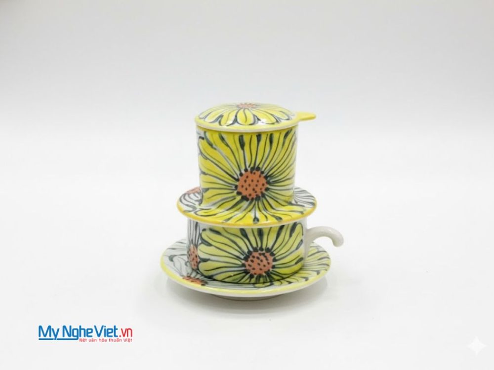 Phin cà phê gốm thấp vẽ hoa hướng dương