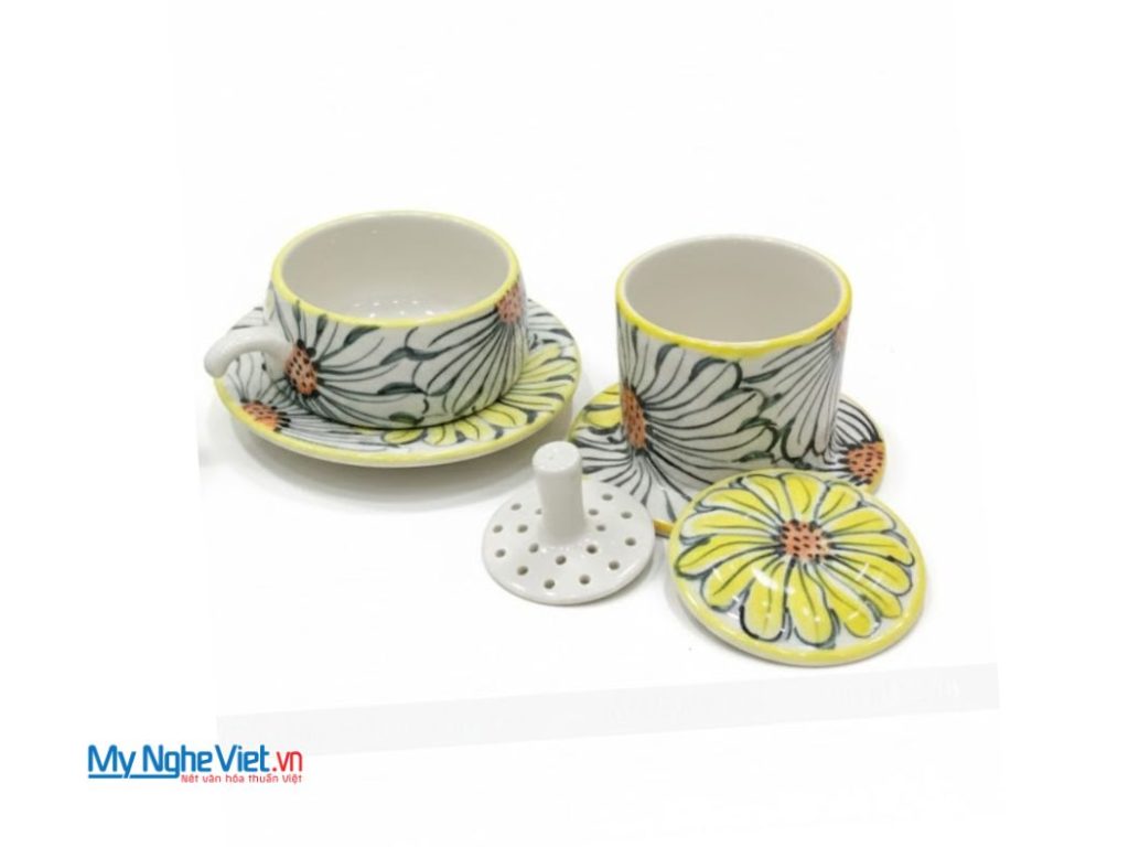 Phin cà phê gốm thấp vẽ hoa hướng dương