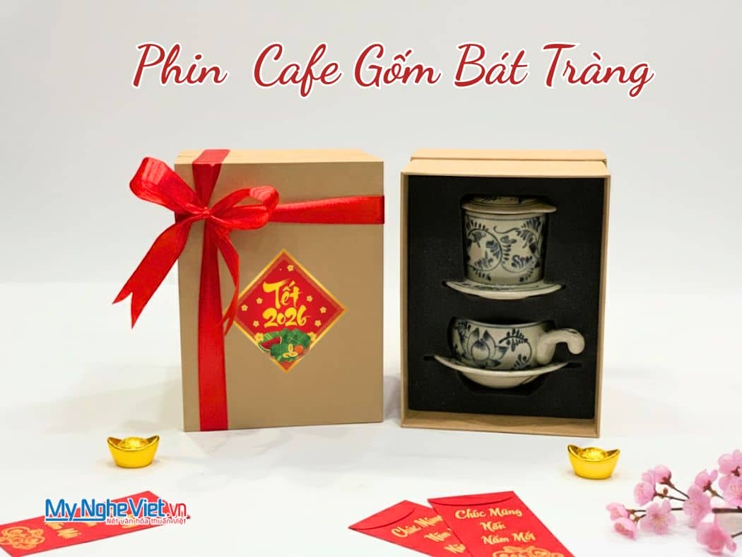 Bộ Quà Tặng Phin Cà Phê Gốm Vẽ Sen Xanh Thấp và Hộp Quà Tặng Cao Cấp
