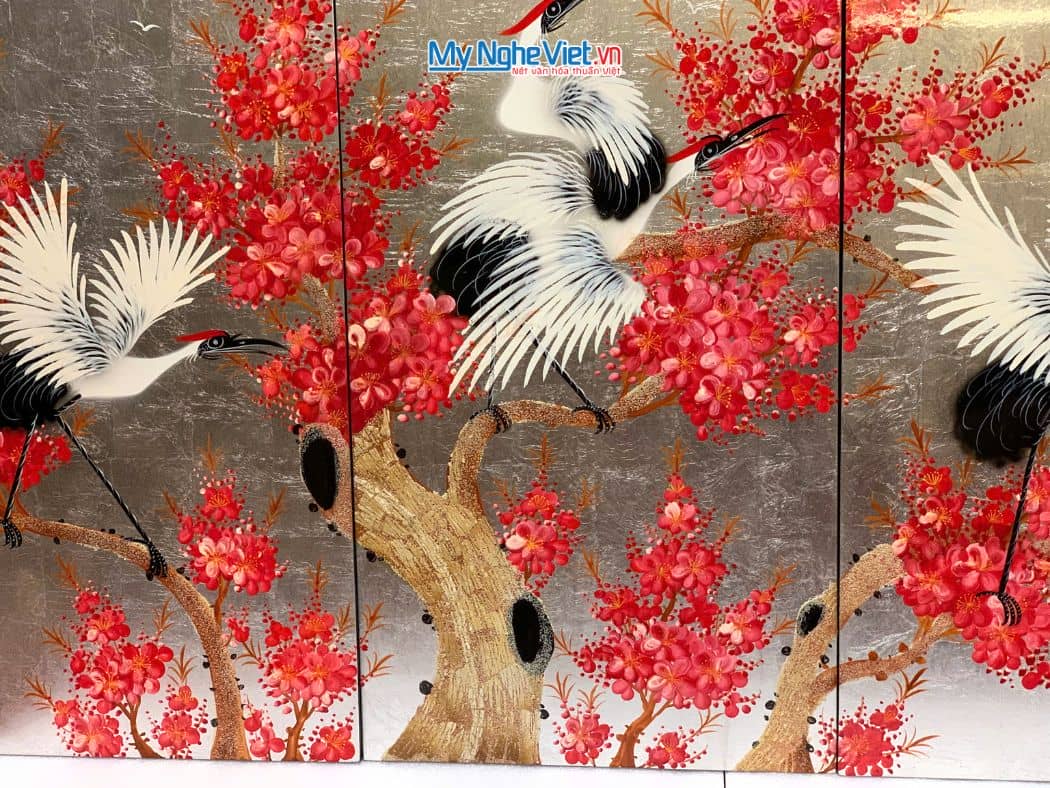 Bộ Tranh Sơn Mài Cò Đào Dát Lá Bạc